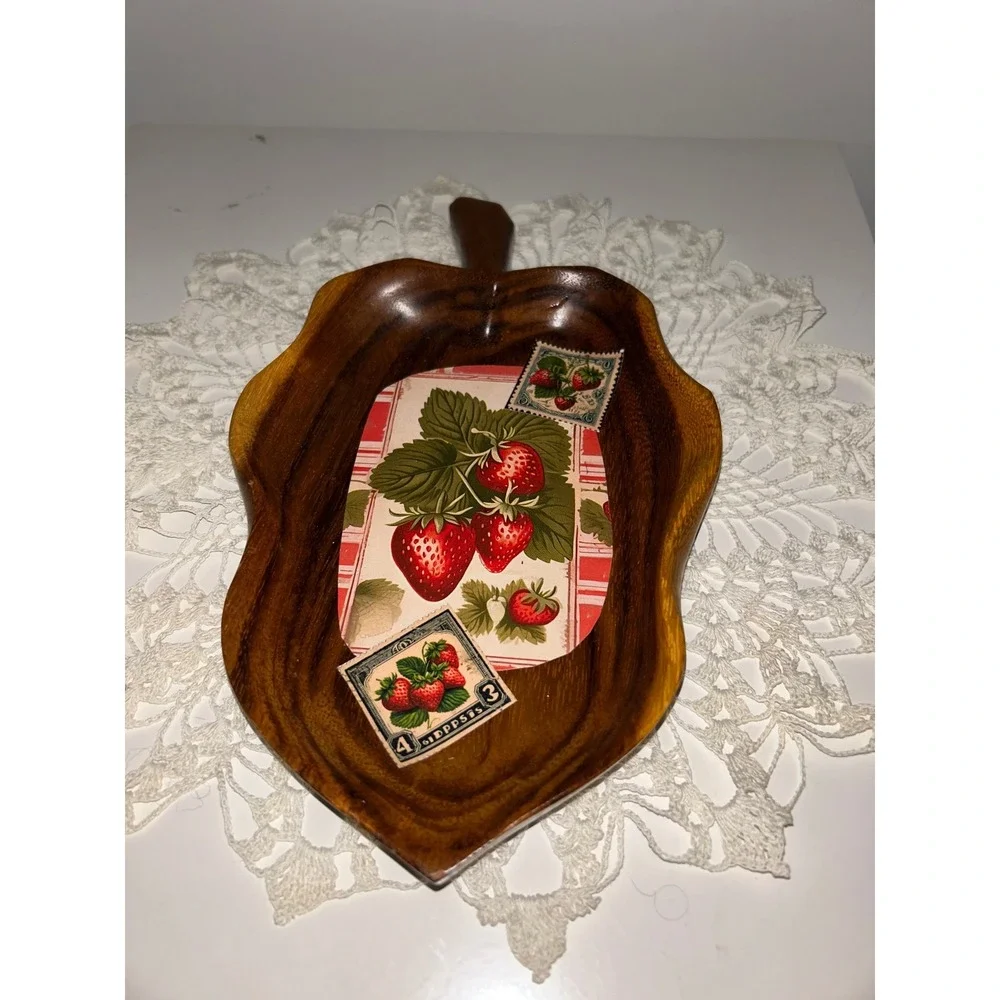 Lailani Monkey Pod Wood Leaf Tray Hawaii Strawberry Motif Vintage Catchall Dish